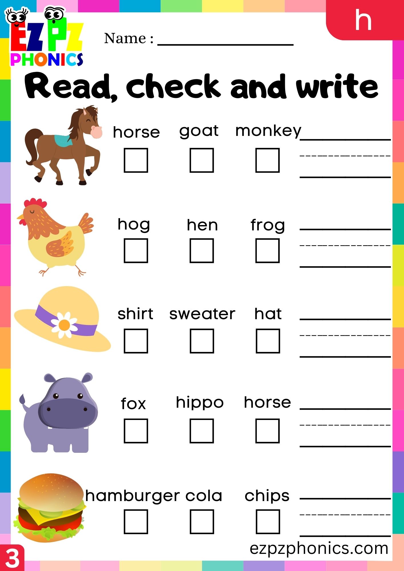 Letter h Read Check and Write the Words Phonics Activity Group 3